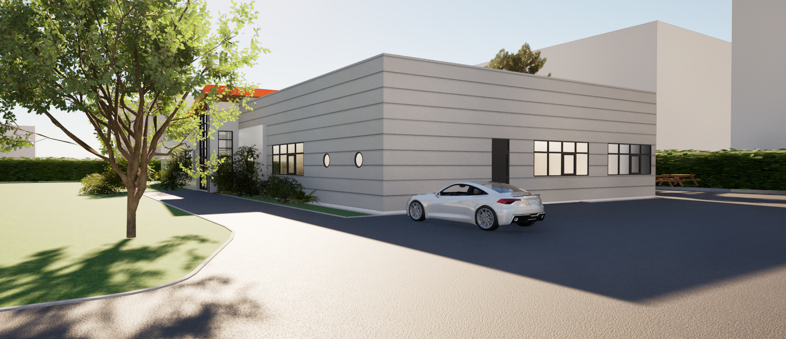 Vue extérieure côté parking du projet Aactes et Formations